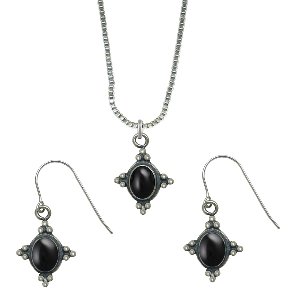 Sterling Silver Petite Necklace Earrings Set Black Onyx